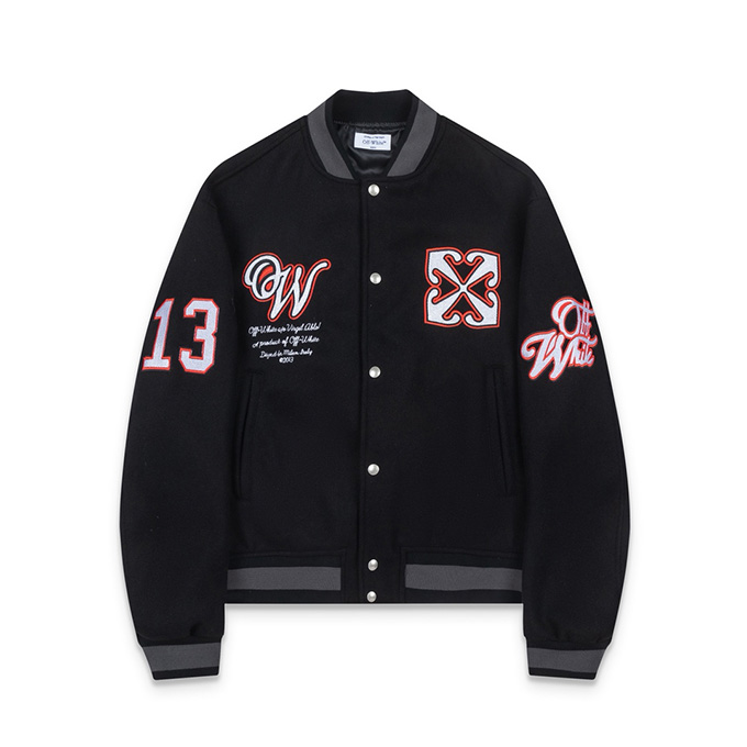 off white heavy embroidery varsity jacket